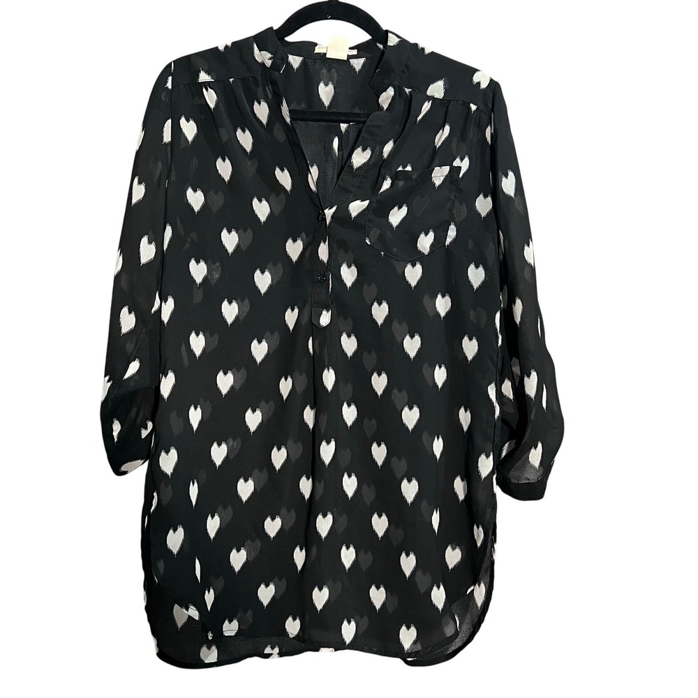 A'gaci A'gaci A'gaci Size Large Black and Cream Heart Design Sheer Blouse Top